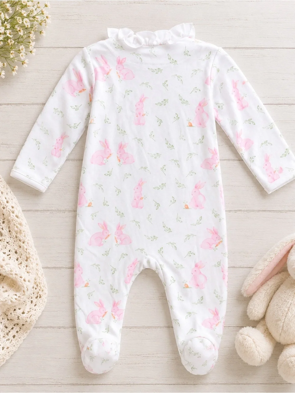 NWT Nellapima Pink Bunny Crossover Footie Pima Cotton 6-9M Ruffle Collar